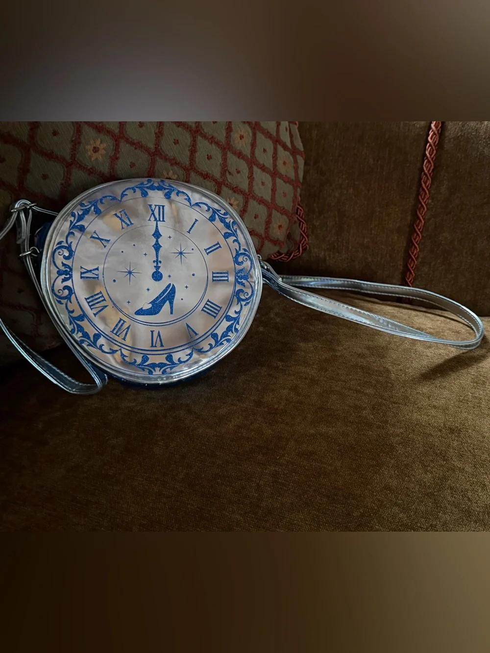 Disney Parks Silver Round Crossbody Bag with Blue Clock Motif